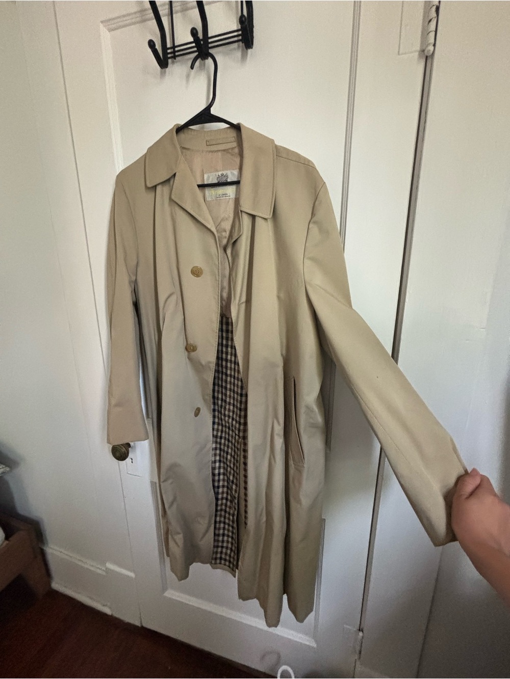 Aquascutum Vintage 80s Beige Trench Coat with Brown Plaid Lining
